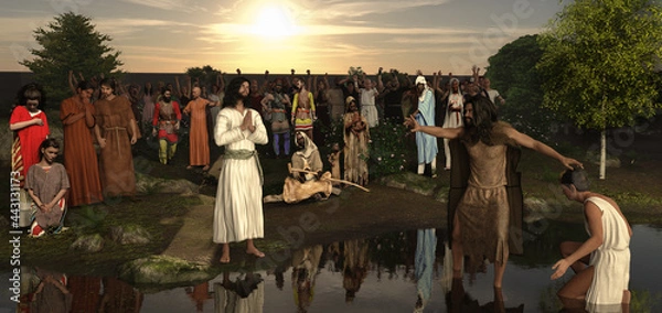 Fototapeta Jesus and John the Baptist. First encounter on the banks of the Jordan River.3d Illustration, 3d Rendering