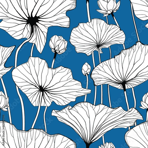 Fototapeta Seamless vector pattern with water lily flowers and leaves. Floral ornament. Vector illustration