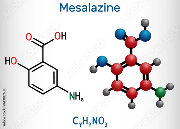 Obraz Mesalazine, mesalamine, 5-aminosalicylic acid molecule. It is non-steroidal anti-inflammatory drug, used for treatment of ulcerative colitis,Crohn's disease. Structural formula, molecule model
