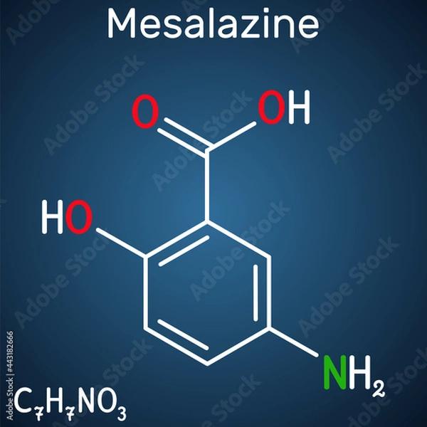 Fototapeta Mesalazine, mesalamine, 5-aminosalicylic acid molecule. It is non-steroidal anti-inflammatory drug, used for treatment of ulcerative colitis,Crohn's disease. Dark blue background