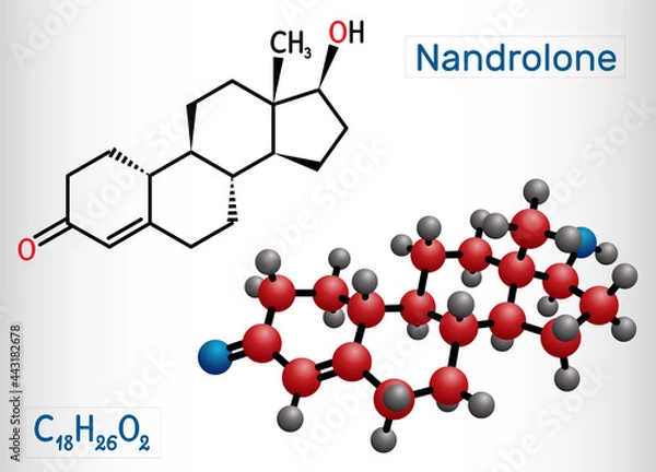 Fototapeta Nandrolone, 19-Nortestosterone, nortestosterone molecule. It is androgen, synthetic, anabolic steroid AAS, analog of testosterone. Structural chemical formula and molecule model