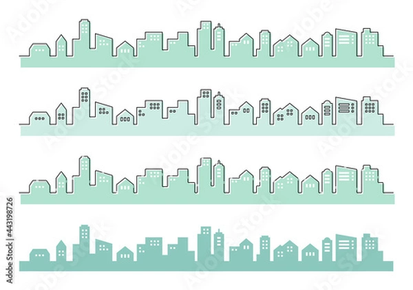 Obraz 町並み　シルエット　線画　フラット　イメージ　イラストセット	