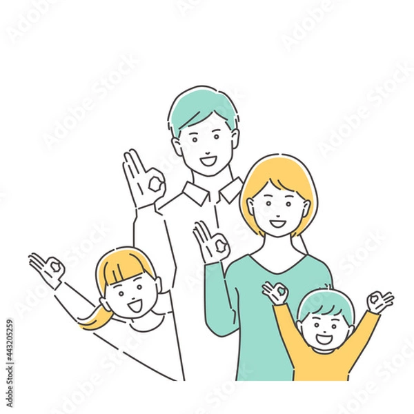 Obraz 家族　OKポーズの夫婦と小さい子どもたち　上半身