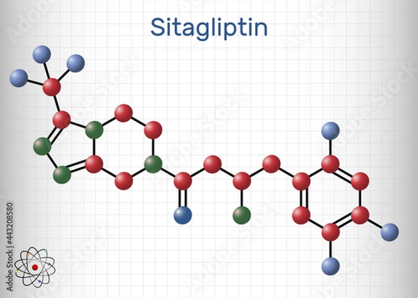 Fototapeta Sitagliptin anti-diabetic medication drug molecule. It is trifluorobenzene  and triazolopyrazine with hypoglycemic activity. Sheet of paper in a cage