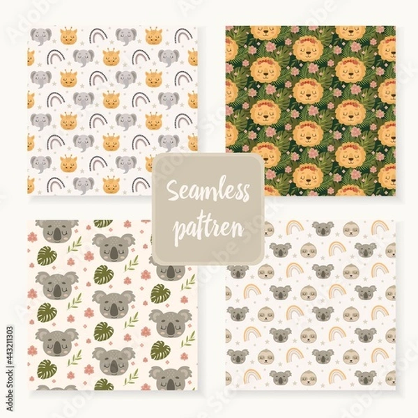 Obraz Set of baby seamless patterns. Cartoon animal. Jungle character. Seamless background pattern set. Vector illustration Hand drawn style.