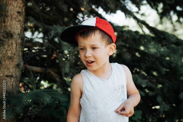 Fototapeta Portrait of a child in a red cap and white T-shirt with a funny expression, standing against the background of a Christmas tree, outdoors. Little boy playing in the garden in the summer afternoon.