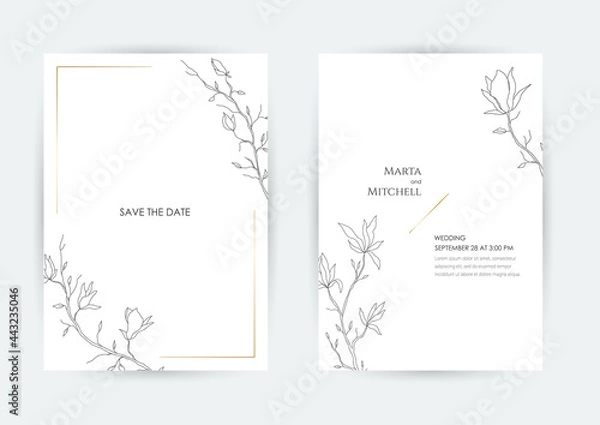 Fototapeta Minimalist wedding invitation card template design, golden line art drawing. Good for poster, card, invitation, flyer, cover, banner, placard, brochure and other graphic design.