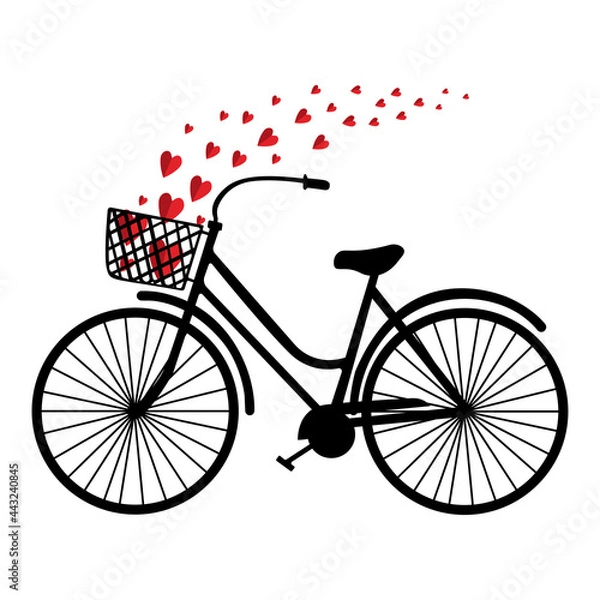 Fototapeta Vector flat illustration of blacke bicycle with red heart on isolated background