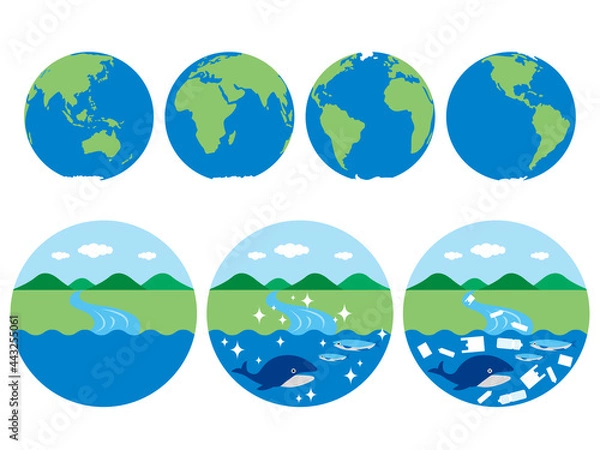 Obraz 山から川が海に流れるまでの自然環境のイラストセット 鯨と小魚が海に住む きれいな海とプラスチックで汚れた海のイメージ