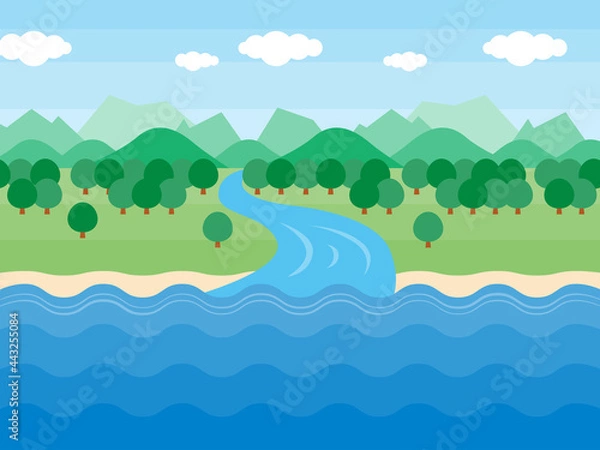 Obraz 山から川が海に流れるまでの自然環境の背景イラスト きれいな環境のイメージ