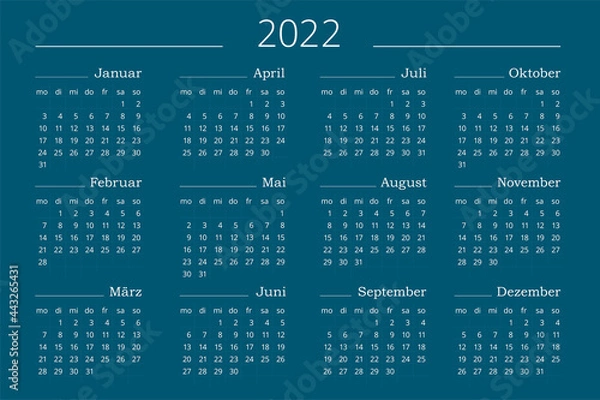 Obraz Calendar 2022 year in German. Horizontal Vector editable template on blue background. Simple and clean design