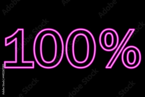 Obraz 100 percent inscription on a black background. Pink line in neon style.