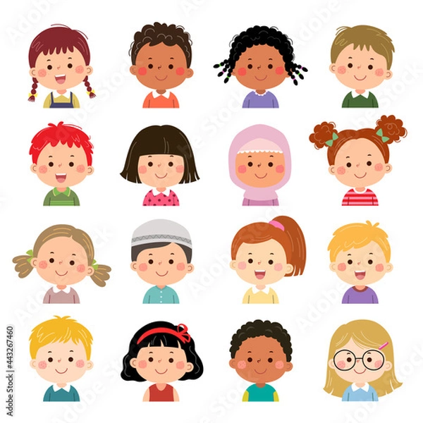 Obraz Set of kids faces, avatars, children heads different nationality in flat style.