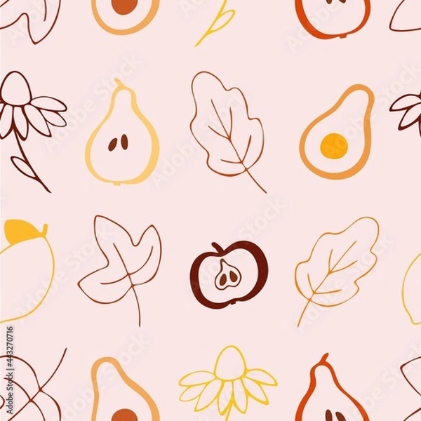 Fototapeta Seamless background on the theme of fruits and vegetation. Delicate pattern in pastel colors. Vector illustration. Stylish idea for the design of textiles, wrappers, postcards