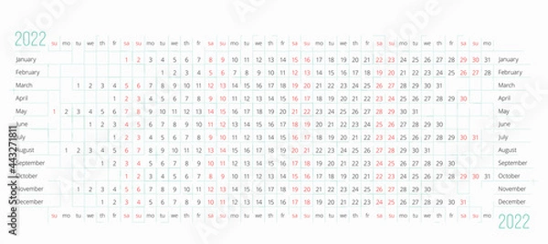 Obraz 2022 Calendar in English on white. Linear calendar of 2022 year. 12 months line by line. Horizontal Stock vector template. Poster