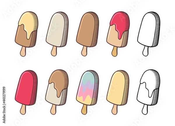 Fototapeta Set of ice cream. Different colors and flavors. Ice-cream with chocolate, milk, vanilla, fruits. Retro style vector illustration