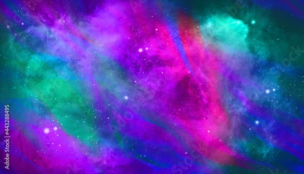 Fototapeta light starry Space with shining stars stardust and blue green pink nebula galaxy with milky way and planet background