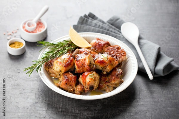 Obraz Roasted rabbit meat sliced with garlic, lemon and rosemary in a white plate, selective focus