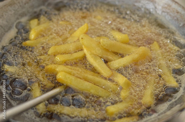 Fototapeta hand frying french fries in the frying pan