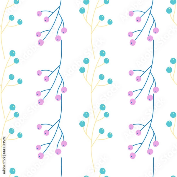Fototapeta Decorative seamless pattern with doodle purple and blue berries elements. Isolated nature print. White background.