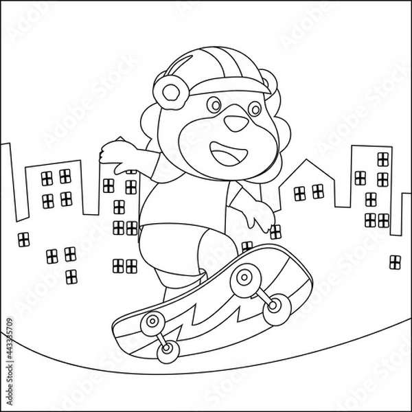 Obraz Vector illustration of cute lion on skate board. Cartoon isolated vector illustration, Creative vector Childish design for kids activity colouring book or page.