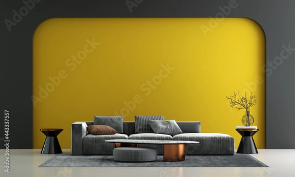 Fototapeta Home and decor and furniture of minimal living room interior design and yellow pattern wall texture background and white wood floor, 3d rendering