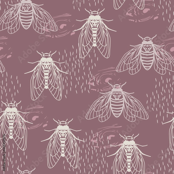 Obraz Seamless pattern with flying cicadas and abstract elements. Trending background, linear style, insect silhouettes - fly, butterfly, cicada, bee. Fashionable animal print. Vector illustration.