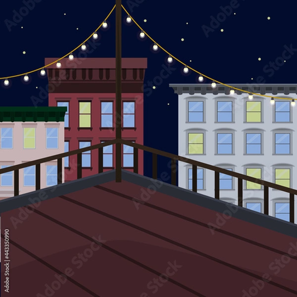 Fototapeta Flat vector illustration of rooftop terrace bar lounge with light bulb garlands at night on the background of city scape with walk-up buildings and skyscrapers.