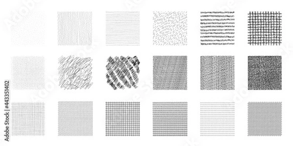 Fototapeta Set of black vector illustrations of abstract hand drawn square textures for backgrounds and design elements. Lines, dots, scribbles, waves, circles. Isolated on white background.