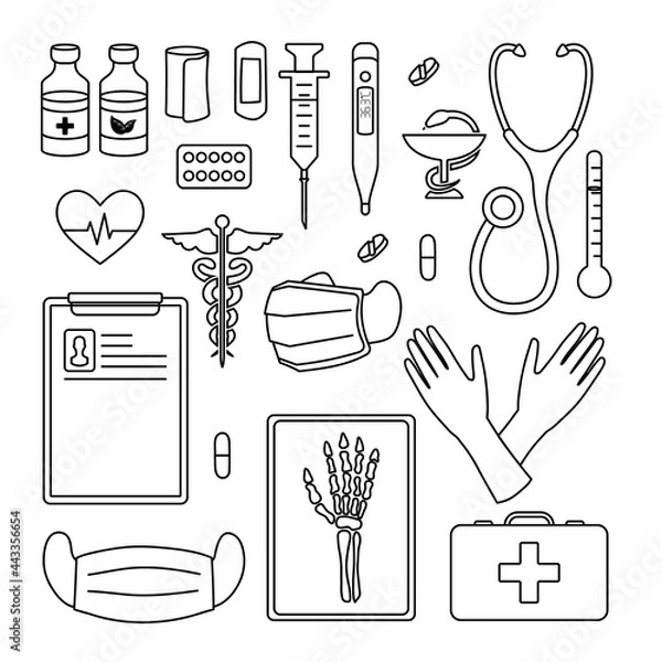 Obraz Set coloring pages element medicine. Black and white. Abstract flat.
