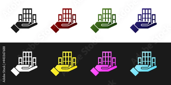 Fototapeta Set Skyscraper icon isolated on black and white background. Metropolis architecture panoramic landscape. Vector