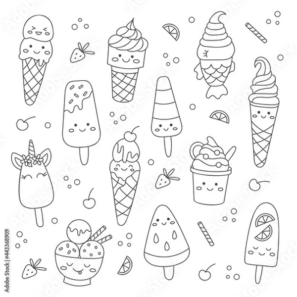 Obraz Cute doodle ice creams. Kawaii cartoon style. Perfect for coloring pages and birthday party decorations. Vector illustration.