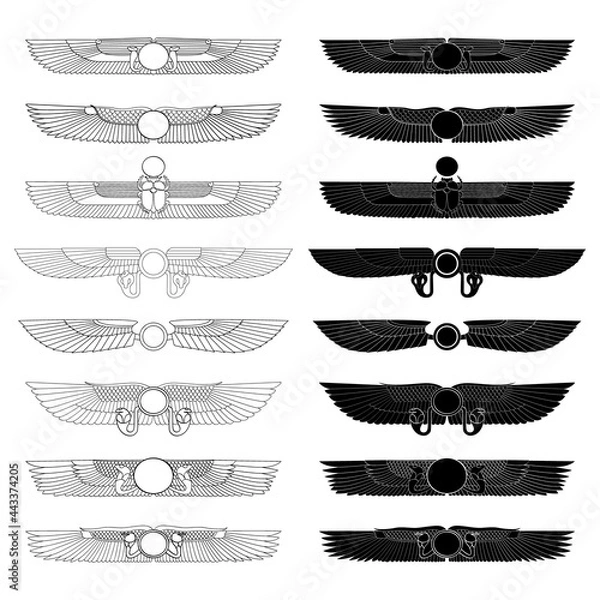 Fototapeta vector monochrome icon set with ancient egyptian symbol Winged sun for your project