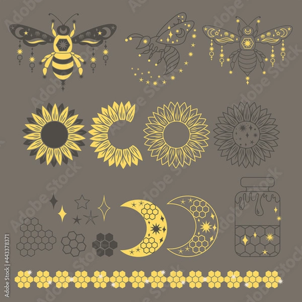 Fototapeta Summer linear clipart for decoration with honey bee, honeycomb, crescent moon, sunflower, jar. Insect outline clipart set. Vector collection of bee for greeting card or posters, for packaging design