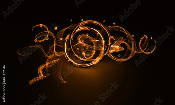 Obraz 3d render of the illustration. Magical purple glossy rings with lines of smoke and light. Dark, black background. Abstract on the topic of wedding rings and magic. Crystals, diamonds all around.