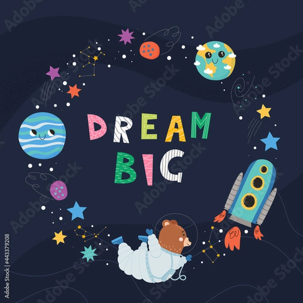 Fototapeta Cute poster for children with spaceship, bear astronaut, planets and stars. Space concept.