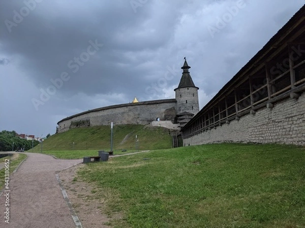 Obraz old castle in the village of the country pskov russia ancient tower bricks wall