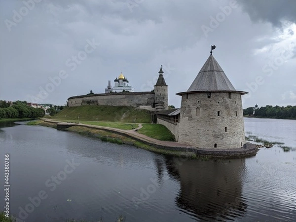 Obraz old castle in the village of the country pskov russia ancient tower bricks wall