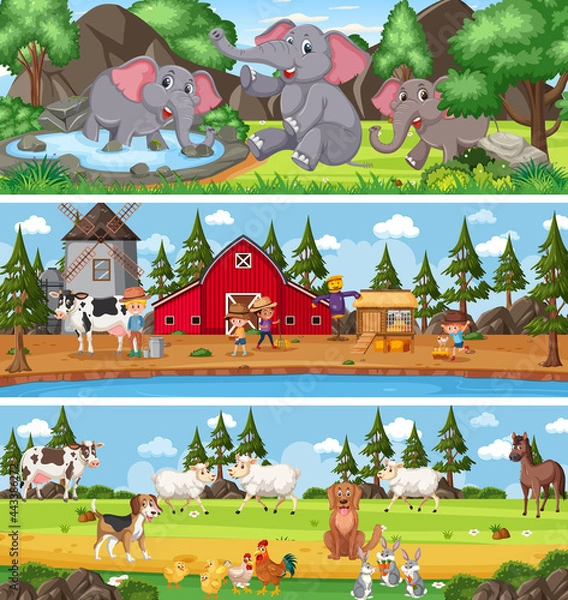 Fototapeta Set of different nature landscape at daytime scene with cartoon character