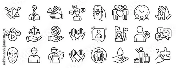Fototapeta Set of People icons, such as Feminism, Water care, User idea icons. Safe planet, Video conference, Justice scales signs. Puzzle, Smartphone holding, Search puzzle. Face biometrics. Vector