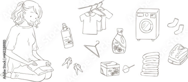 Obraz 洗濯物をたたむ女性と洗剤などのイラストセット