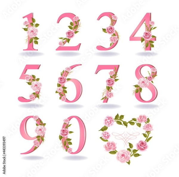 Fototapeta Collection of numbers decorated with roses, leaves, branches