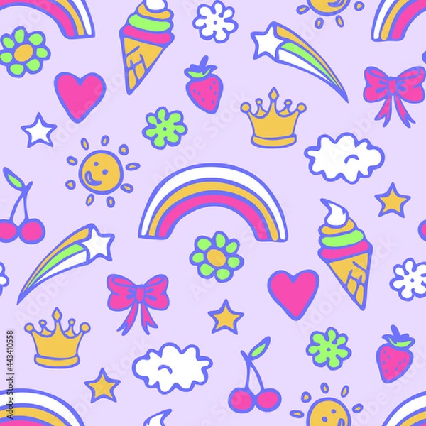 Fototapeta Seamless vector  pattern with magic stickers on pink background. Happy summer wallpaper design for children.  Decorative cheerful fashion textile.