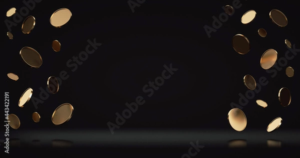 Fototapeta Golden Coins Isolated On The Black Background. Empty Space For Logo Or Text - 3D Illustration 