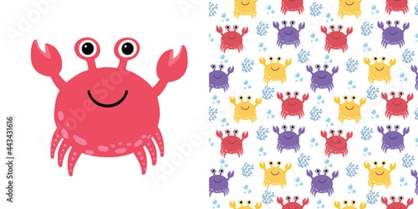 Fototapeta Cute red crab and Childish seamless pattern with bright crabs. Perfect for kids apparel,fabric, textile, nursery decoration,wrapping paper. Vector on white background