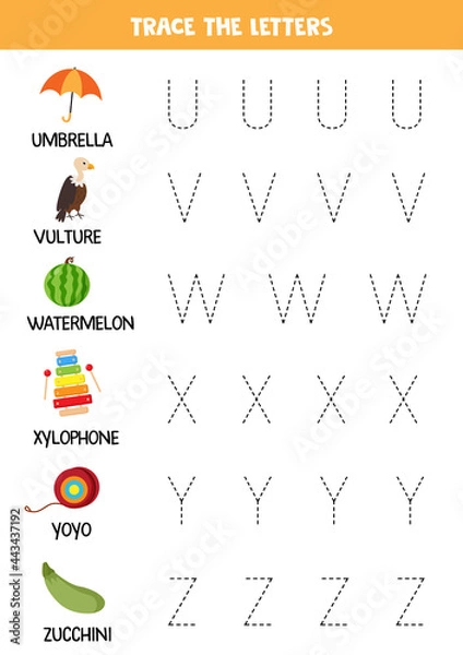 Fototapeta Tracing letters of English alphabet. Writing practice.