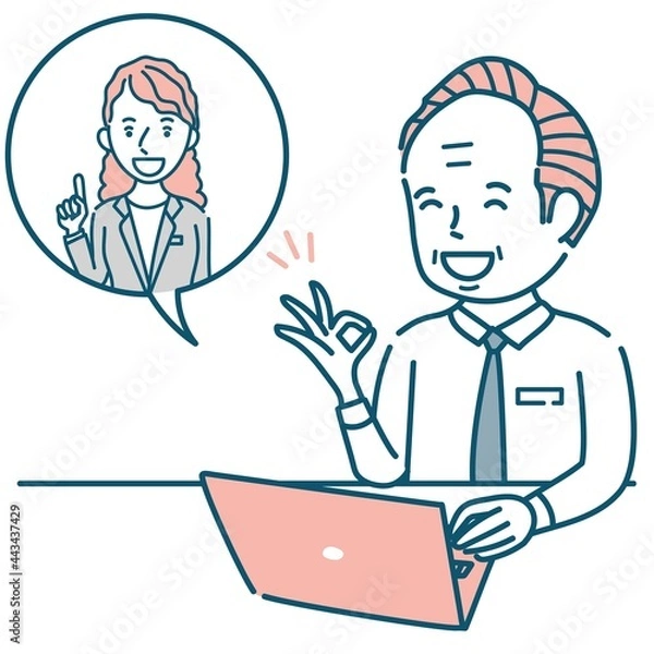 Fototapeta オンライン英会話を楽しむシニア男性ビジネスパーソンのイラスト素材