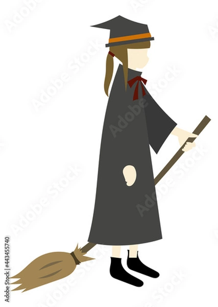 Fototapeta 手描きイラスト素材：ハロウィンの仮装をした子供（ホウキを持った魔女）