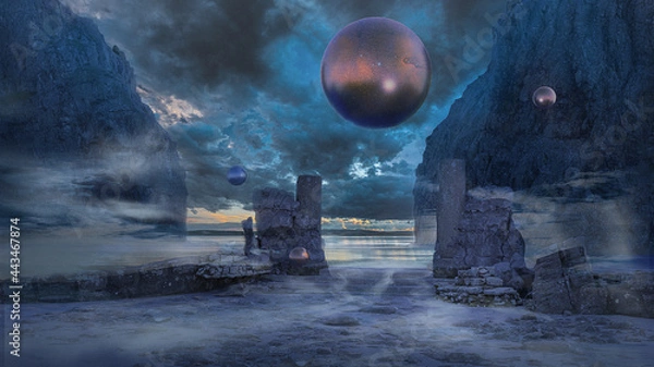 Fototapeta 3d illustration of a surreal outdoor scene with floating orbs mountains and water in the background