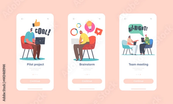 Fototapeta Brainstorm Mobile App Page Onboard Screen Template. Business Characters Meeting, Discuss Idea. Team Project Development